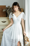 V Neck Lace High Low Prom Dress, White Evening Dress HZ0509