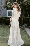V Neck Lace High Low Prom Dress, White Evening Dress HZ0509