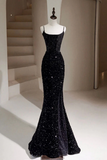 Mermaid Velvet Sequin Black Long Prom Dress, Black Long Evening Dress HZ0509