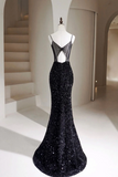 Mermaid Velvet Sequin Black Long Prom Dress, Black Long Evening Dress HZ0509