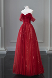 Line Off Shoulder Tulle Lace Burgundy Long Prom Dress HZ0509