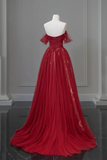 Line Off Shoulder Tulle Lace Burgundy Long Prom Dress HZ0509