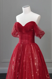 Line Off Shoulder Tulle Lace Burgundy Long Prom Dress HZ0509