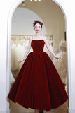 Spaghetti Strap Velvet Tea Length Prom Dress with with Pearls HZ0509