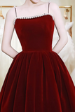 Spaghetti Strap Velvet Tea Length Prom Dress with with Pearls HZ0509
