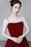 Spaghetti Strap Velvet Tea Length Prom Dress with with Pearls HZ0509