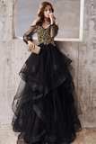 Line V Neck Tulle Beads Black Long Prom Dress, Black Long Formal Dress HZ0509