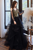 Line V Neck Tulle Beads Black Long Prom Dress, Black Long Formal Dress HZ0509