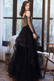 Line V Neck Tulle Beads Black Long Prom Dress, Black Long Formal Dress HZ0509