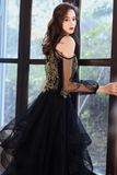 Line V Neck Tulle Beads Black Long Prom Dress, Black Long Formal Dress HZ0509