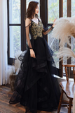 Line V Neck Tulle Beads Black Long Prom Dress, Black Long Formal Dress HZ0509