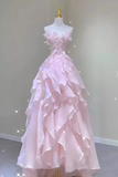 Strapless Long Ball Gown Pink Ruffle Prom Dress, Organza Formal Gown HZ0509