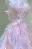 Strapless Long Ball Gown Pink Ruffle Prom Dress, Organza Formal Gown HZ0509