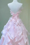 Strapless Long Ball Gown Pink Ruffle Prom Dress, Organza Formal Gown HZ0509