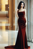 Red Velvet Long Mermaid Wedding Party Dress, Wine Red Prom Dress HZ0509