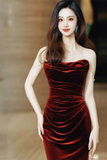 Red Velvet Long Mermaid Wedding Party Dress, Wine Red Prom Dress HZ0509