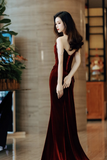 Red Velvet Long Mermaid Wedding Party Dress, Wine Red Prom Dress HZ0509