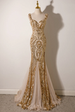 Mermaid Sequins Straps Long Party Dress, Champagne Prom Dress HZ0509