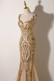 Mermaid Sequins Straps Long Party Dress, Champagne Prom Dress HZ0509