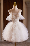 Line Tulle Layers Short Prom Dress, Light Champagne Spaghetti Strap Party Dress HZ0509