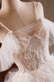 Line Tulle Layers Short Prom Dress, Light Champagne Spaghetti Strap Party Dress HZ0509
