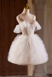 Line Tulle Layers Short Prom Dress, Light Champagne Spaghetti Strap Party Dress HZ0509