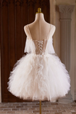 Line Tulle Layers Short Prom Dress, Light Champagne Spaghetti Strap Party Dress HZ0509