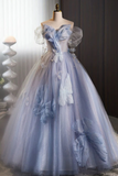 Line Off Shoulder Tulle Flower Blue Long Prom Dress, Blue Long Formal Dress HZ0509