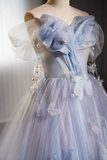 Line Off Shoulder Tulle Flower Blue Long Prom Dress, Blue Long Formal Dress HZ0509
