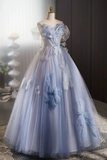 Line Off Shoulder Tulle Flower Blue Long Prom Dress, Blue Long Formal Dress HZ0509