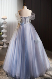 Line Off Shoulder Tulle Flower Blue Long Prom Dress, Blue Long Formal Dress HZ0509
