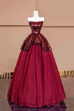 Tulle Sequins Long Prom Dress, A Line Strapless Evening Party Dress HZ0509