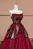 Tulle Sequins Long Prom Dress, A Line Strapless Evening Party Dress HZ0509