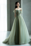 Tulle Long Prom Dress, Lovely A Line Off the Shoulder Evening Party Dress HZ0509
