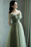 Tulle Long Prom Dress, Lovely A Line Off the Shoulder Evening Party Dress HZ0509