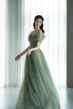 Tulle Long Prom Dress, Lovely A Line Off the Shoulder Evening Party Dress HZ0509