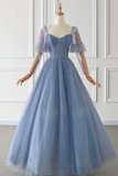 Tulle Beaded Long Sleeve Prom Dress, A Line Blue Evening Party Dress HZ0509