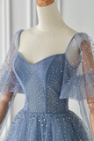 Tulle Beaded Long Sleeve Prom Dress, A Line Blue Evening Party Dress HZ0509