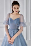 Tulle Beaded Long Sleeve Prom Dress, A Line Blue Evening Party Dress HZ0509