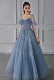 Tulle Beaded Long Sleeve Prom Dress, A Line Blue Evening Party Dress HZ0509