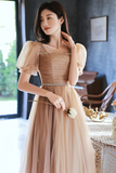 Line Champagne Tulle Short Prom Dress, Champagne Homecoming Dress HZ0509