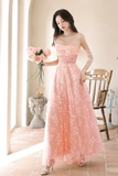 Line Off Shoulder Tulle Lace Pink Long Prom Dress, Pink Long Formal Dress HZ0509
