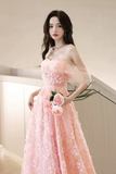 Line Off Shoulder Tulle Lace Pink Long Prom Dress, Pink Long Formal Dress HZ0509
