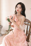 Line Off Shoulder Tulle Lace Pink Long Prom Dress, Pink Long Formal Dress HZ0509