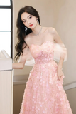 Line Off Shoulder Tulle Lace Pink Long Prom Dress, Pink Long Formal Dress HZ0509