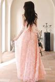 Line Off Shoulder Tulle Lace Pink Long Prom Dress, Pink Long Formal Dress HZ0509