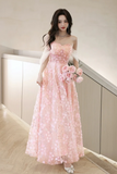 Line Off Shoulder Tulle Lace Pink Long Prom Dress, Pink Long Formal Dress HZ0509