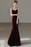 Red Velvet Straps Low Back Long Prom Dress, Wine Red Party Dress HZ0509