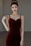 Red Velvet Straps Low Back Long Prom Dress, Wine Red Party Dress HZ0509