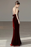 Red Velvet Straps Low Back Long Prom Dress, Wine Red Party Dress HZ0509